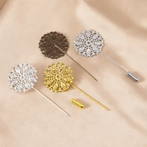 Detailed view of DIY metal lace floral straight lapel pins with caps, antique jewelry making.