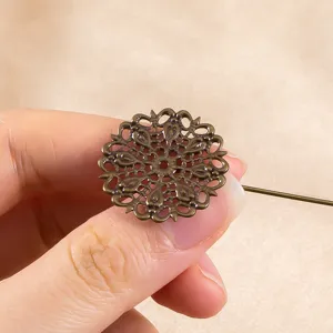 Bronze filigree flower brooch finding DIY vintage jewelry accessory delicate craft detail