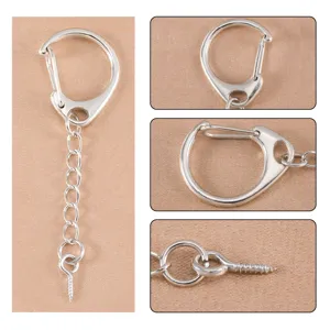 Silver metal keychain D-buckle DIY jewelry finding clasp with chain and screw eye pin connector.