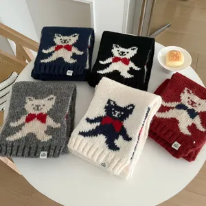 Cute bear jacquard knitted winter scarf detail view showcasing multiple stylish color options.