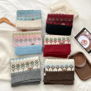 Winter warm knitted scarf with floral Fair Isle pattern, thick soft cozy unisex shawl wrap.
