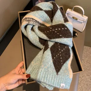 Blue and black argyle knit scarf for women, cozy autumn winter warm neck warmer and shawl.