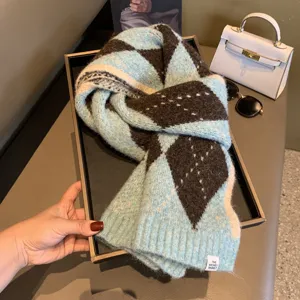 Blue brown argyle knit scarf cozy winter warm neck wrap stylish fashion accessory