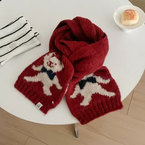 Cute bear jacquard knitted scarf winter warm woolen neck warmer women cozy fashion soft