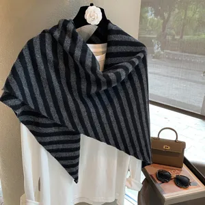 Chal triangular de rayas de pura lana, elegante bufanda capa tejida otoño invierno mujer.