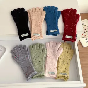 Cozy winter colorful speckle knit gloves for women, warm fashion knitted gloves detail view.