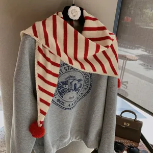 Red and white striped knitted triangle scarf with pom pom warm winter fashion accessory