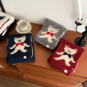 Cute bear jacquard knit winter neck warmer scarf for women, cozy and warm fashion accessory.
