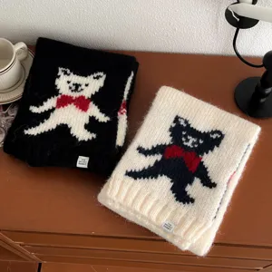 Cute bear jacquard knit scarf winter warm wool neckerchief stylish cozy women winter accessory
