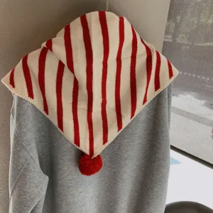 Red white striped knit triangle scarf with pom pom winter warm cozy fashion shawl wrap