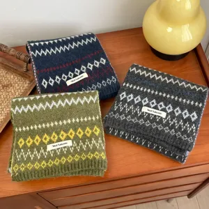 Winter warm wool blend Fair Isle knit scarf, soft short cozy winter neck warmer for women.