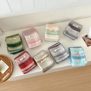Retro college style wool blend knit scarf for women, cozy autumn winter colorful striped muffler.