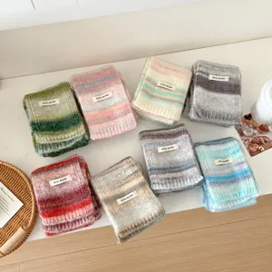 Colorful striped knitted winter scarf for women, retro cozy warm wool blend neck scarf.