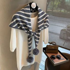 Australian wool vintage knitted striped pom-pom triangular scarf for women winter warm