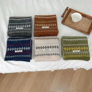 Detailed view of winter warm knit scarf with fair isle pattern, soft wool blend, cozy accessory.