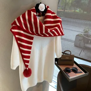 Australian wool retro knit striped pom-pom triangular scarf and white sweater set.