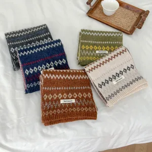 Cozy winter Fair Isle knitted scarf set, soft wool blend warm neck warmer for women.