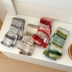 Detailed view of winter colorblock knitted scarfs, soft wool blend fabric, cozy seasonal wear.