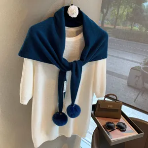 Women knit sweater set with pom-pom scarf, stylish autumn winter warm daily outfit.