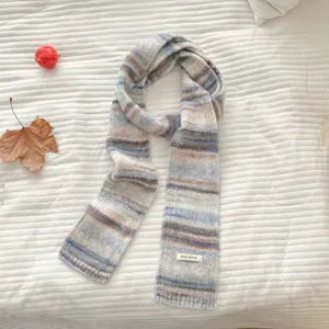 Retro color-block knit scarf detail, soft wool blend texture, cozy autumn and winter style.