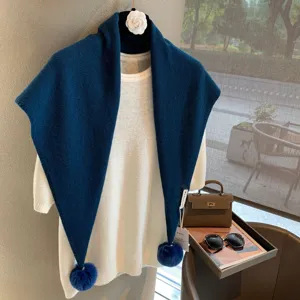 Women winter warm knitted triangular scarf with pom pom australian wool elegant fashion wrap