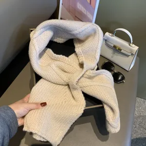 Vista dettagliata della comoda sciarpa invernale beige lavorata a maglia morbida ed elegante.