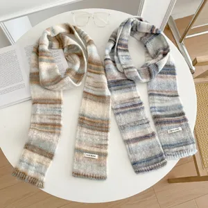 Winter warm women striped knitted scarf cozy wool blend retro muffler fashionable daily wear