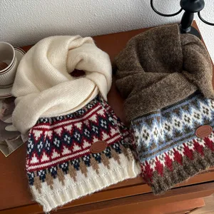 Cozy winter knitted scarf with classic Fair Isle pattern, thick warm neck warmer for women.