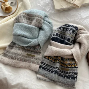 Fair Isle knitted winter scarf for women, cozy thick warm vintage neck warmer detail.