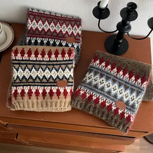 Cozy Fair Isle knitted scarf for winter, thick warm vintage colorblock neck warmer accessory.