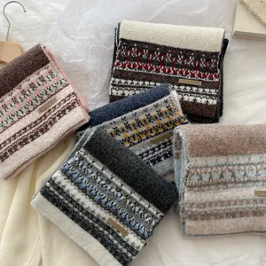 Winter Fair Isle Pattern Knitted Scarf Thickened Warm Soft Retro Neckerchief for Women