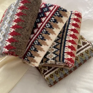 Thickened Nordic style winter knitted scarf with cozy retro geometric patterns for women.