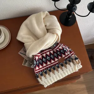 Thickened winter knit scarf with retro Fair Isle colorblock pattern, warm and cozy neck warmer.