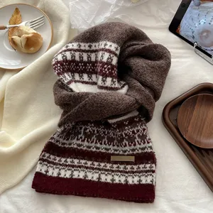 Detail view of the cozy Fair Isle knitted winter scarf, warm and stylish neck accessory.