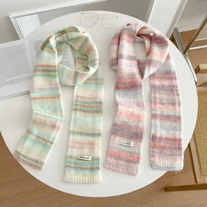 Cozy colorful striped knitted scarf for women, soft wool blend winter warm fashion neck wear.