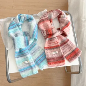 Women Retro College Style Color-Blocking Knit Scarf Autumn Winter Warm Imitation Wool Striped Scarf Female Daily Accessories
