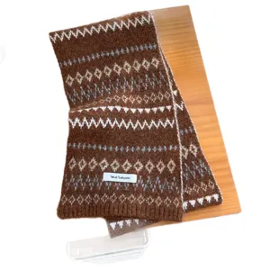 Brown Fair Isle knit winter scarf, soft wool blend vintage patterned warm neck wrap for women