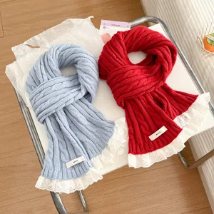 Winter Unisex Knit Cable Scarf With Lace Trim Warm Soft Acrylic Korean Style Neck Warmer