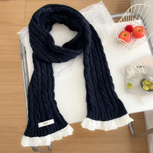 Winter knitted cable scarf with sweet white lace trim Korean style warm neck warmer detail