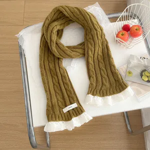 Winter knitted cable scarf with lace trim warm korean style fashion neck warmer unisex accessory