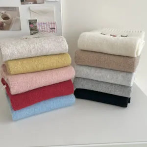 Cozy autumn winter knitted scarf with cute pony embroidery solid color soft warm neckerchief.