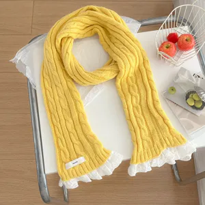 Winter yellow knitted scarf with delicate white lace trim cozy cable knit design warm stylish neck wrap