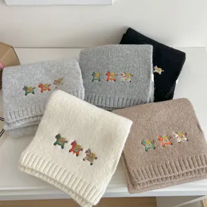 Cozy knit scarf with cute horse embroidery, soft winter warm neckerchief for men and women.