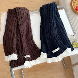 Detailed view of winter knitted cable scarf with lace trim, cozy Korean style neck warmer.