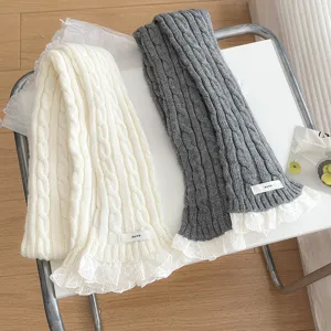 Winter knitted cable scarf with delicate lace trim warm student style stylish neckwear