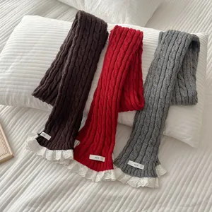 Winter warm knitted cable scarf with delicate lace trim, cozy Korean style neckerchief.