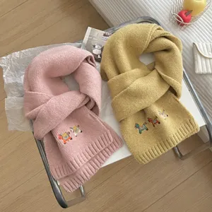 Cozy knit winter scarf for women with cute cartoon pony embroidery, soft warm neck warmer.