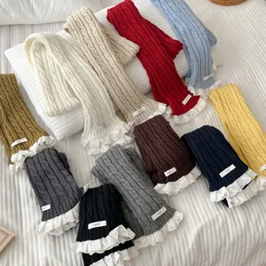Korean style cable knit winter scarf with delicate lace trim warm fashion accessory
