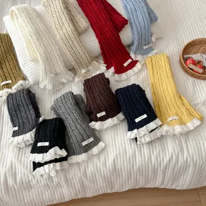 Korean style knitted scarf with lace trim, winter warm thick cable knit muffler for women and girls.
