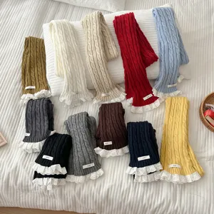Korean style cable knit scarf with delicate lace trim warm winter neck warmer multi colors